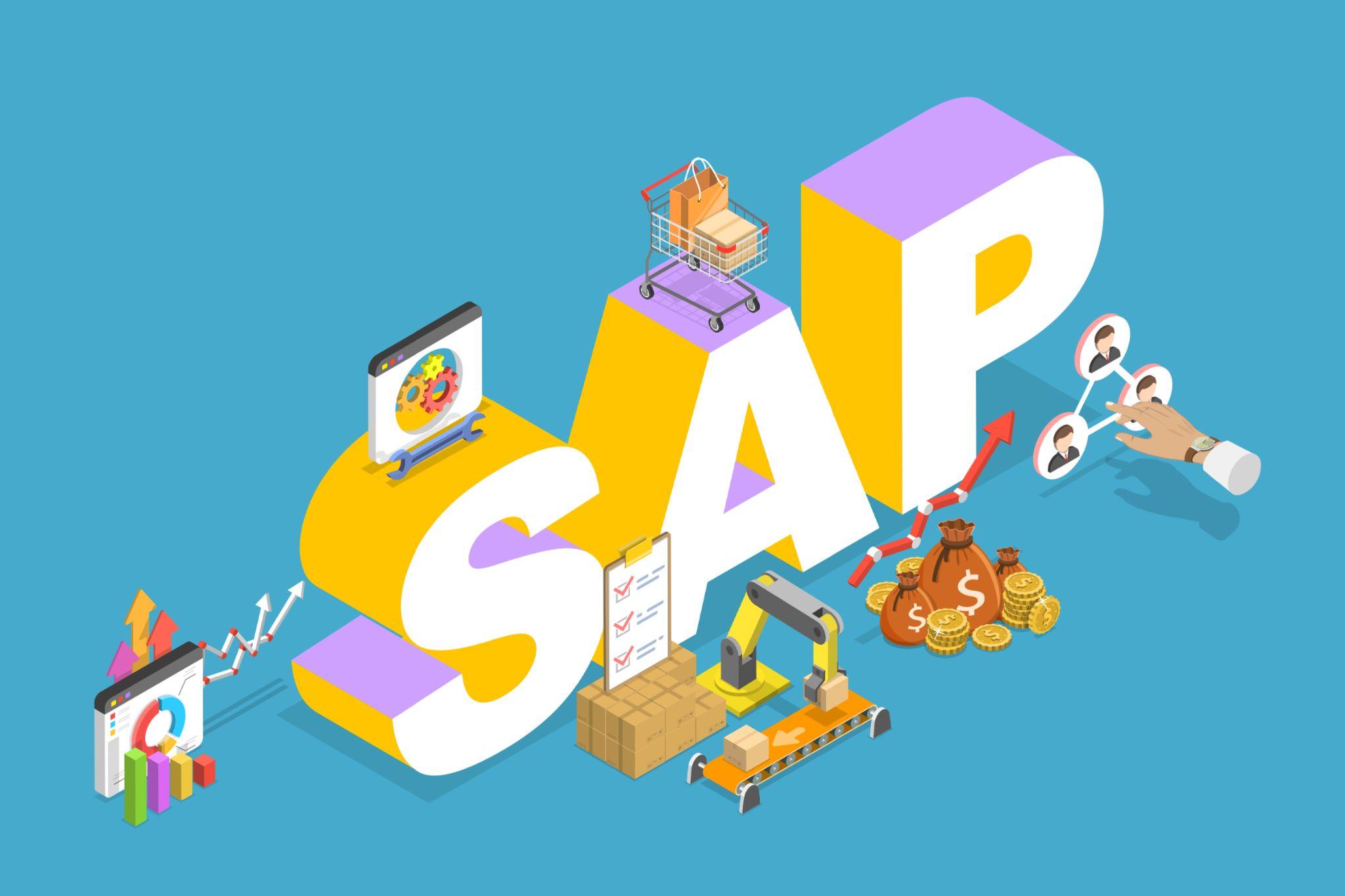 An image of the letters SAP surrounded by icons that represent SAP learning for beginners.