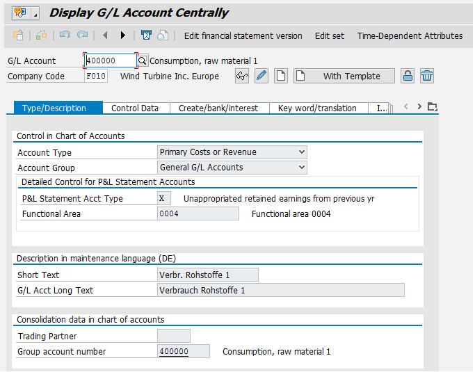 G/L account showing the account type for the primary cost element