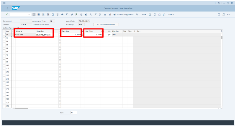 Material Code - Targeted Quantity - Net Price